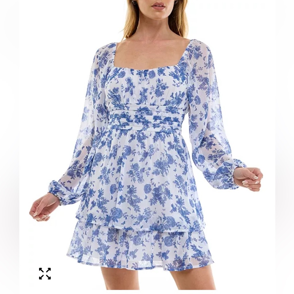 Trixxi White and Blue Floral Long Sleeve Dress